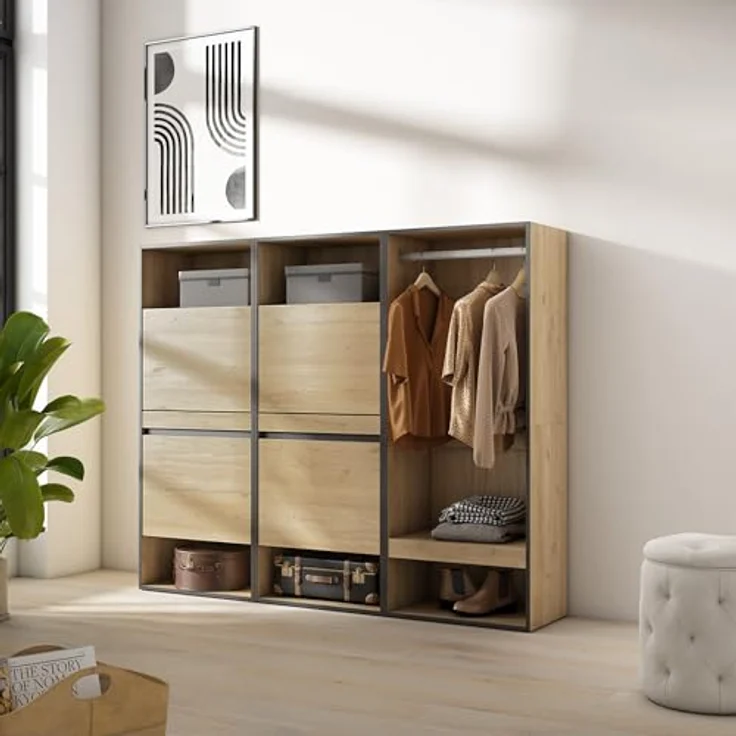 Skraut Home | Schuhregal, Schuhschrank | Schuhaufbewahrung | 180x145x35 cm | Für Schlafzimmer, Zimmer | Offener Kleiderschrank | Moderner Stil | Eiche – Bild 2