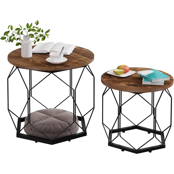 WOLTU Couchtisch 2er Set, Beistelltisch mit runder Tischplatte, Sofatisch mit hohlem Metallrahmen, Wohnzimmertisch mit Stauraum, aus Holzwerkstoff Metall, Holzoptik Vintage + Schwarz, BTS05hov