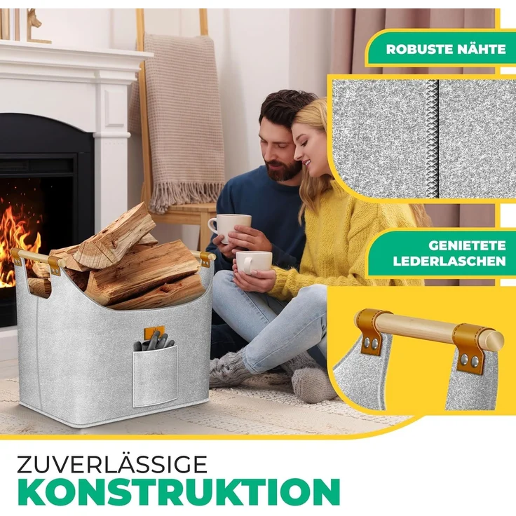 KESSER® Brennholzkorb | Kaminholztasche extra dicker Filz | Feuerholzkorb faltbar mit verstärkten Holzgriffen | Aufbewahrungskorb für Holz, Zeitung oder Brennholz | Inkl. Arbeitshandschuhen Hellgrau, 60 Liter – Bild 4