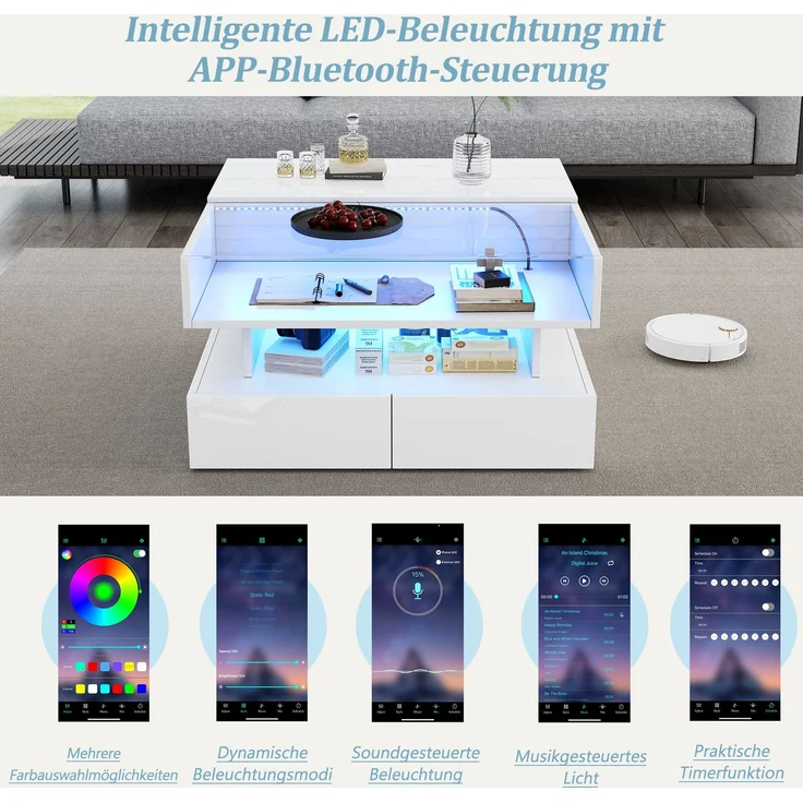 Couchtisch mit hydraulischer Hubfunktion und LED-Beleuchtung, Hochglanz Oberfläche, 2 Schubladen & gehärtetem Glas,Weiß – Bild 7