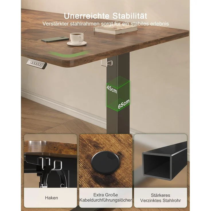 JUMMICO Schreibtisch elektrisch höhenverstellbar mit USB-Ladeanschluss, Braun, 100x60 cm – Bild 5