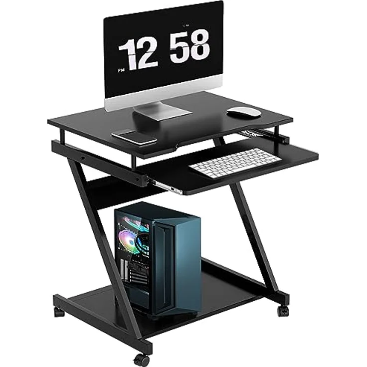 SogesHome Schreibtisch Klein Computertisch mit 4 Rollen 2 Davon mit Bremsen PC-Tisch in Z-Form mit Tastaturauszug für Zuhause und Büro, 60x48 cm – Bild 8