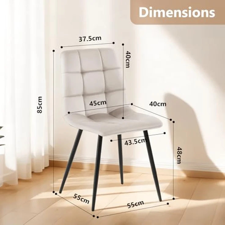 Sweetcrispy Esszimmerstuhl, Küchenstuhl mit Metallbeinen - Samt Esstisch Stuhl ohne Armlehnen, moderner Stühle Esszimmer, 2 Stück, Hellgrau – Bild 4