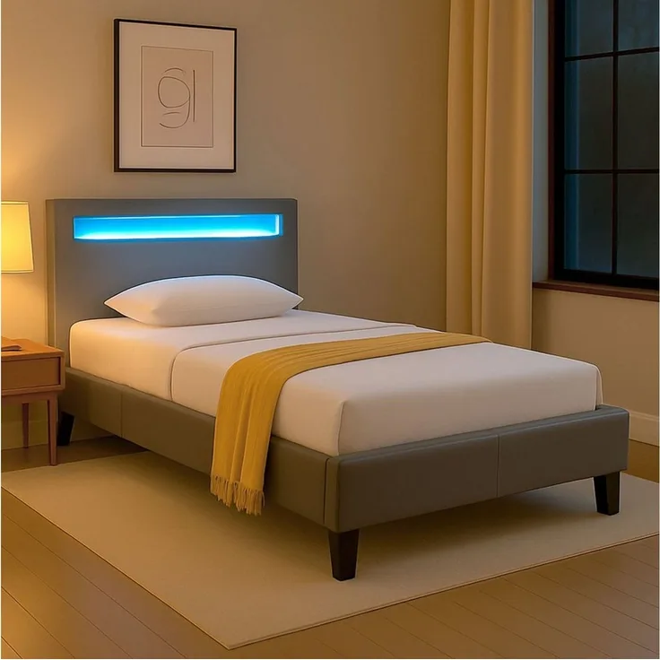 CARO-Möbel Polsterbett Mandalay mit LED Beleuchtung Einzelbett Lederbett 90x200 cm mit Lattenrahmen, Lederimitat in grau