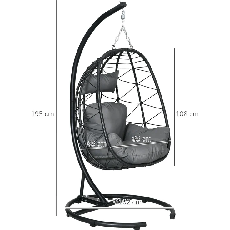 Hängesessel Rattan Hängestuhl 195 cm hoch mit Gestell Kissen und wasserdichter Abdeckung für Garten und Indoor bis 150 kg--Schwarz--102x102x195cm--YOUDENOVA – Bild 3