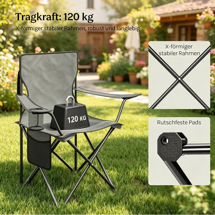 Campingstuhl-Set, klappbar mit Getränkehalter & Seitentasche, 47x76x80,5 cm, Dunkelgrau – Bild 6