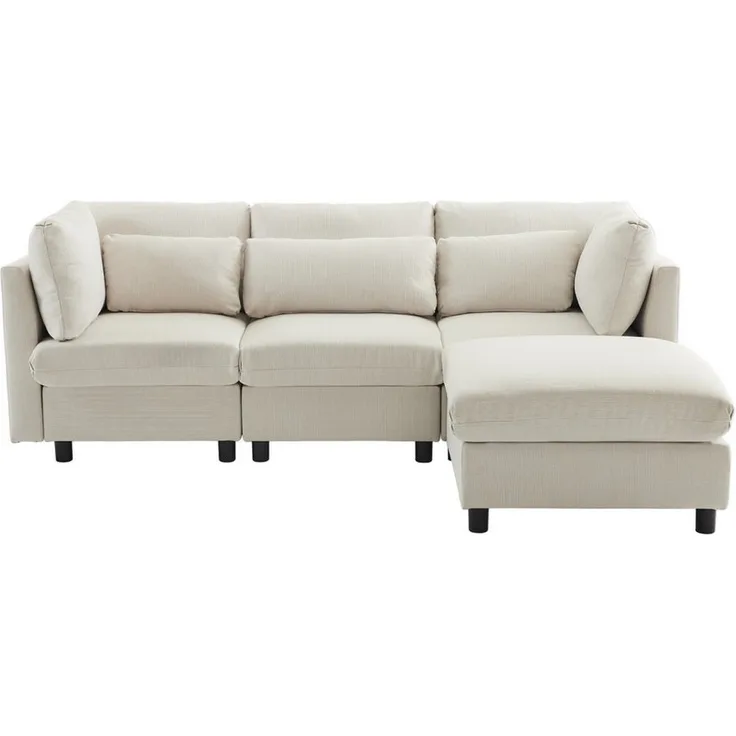 SOFTWEARY Ecksofa L-Form, L-förmig, mit Hocker, Zier- und Armlehnenkissen, Leinen