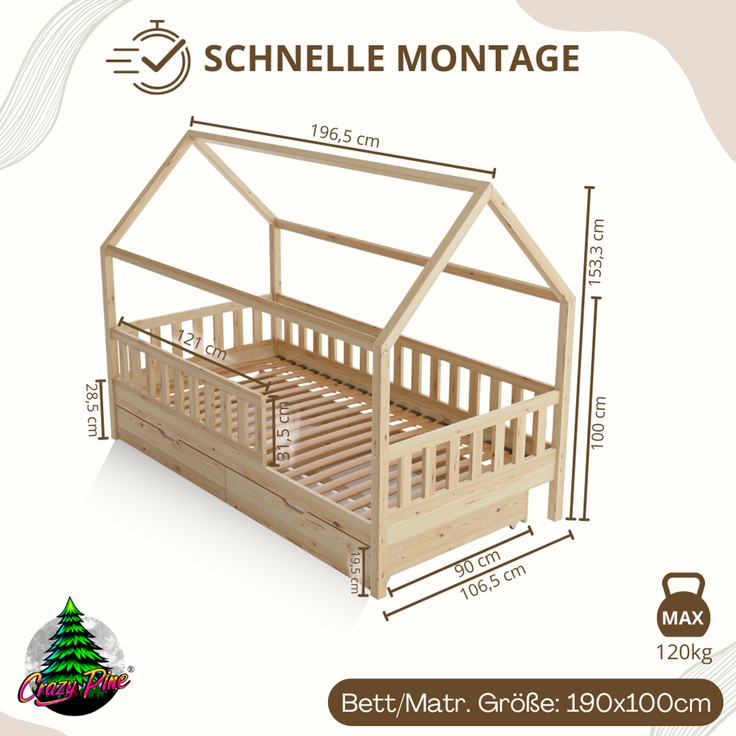 Crazy Pine 'Crazy Blanco' Hausbett mit Rausfallschutz, Skandinavisches Design, Naturholz, Natur, 100x190 cm, mit Schubladen – Bild 2
