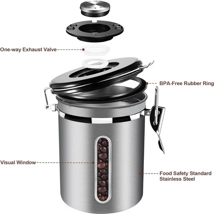 BlingBin Kaffeedose 1,8/2,8L Edelstahl Kaffeebohnen Vorratsdose,Luftdichte Kaffeebehälter, Edelstahl, (1er Set, 1-tlg, 11.8*18.6 cm), Kaffeedose mit CO2-Ventil, Messlöffel & Datumsanzeige für Nüsse Kakao – Bild 4