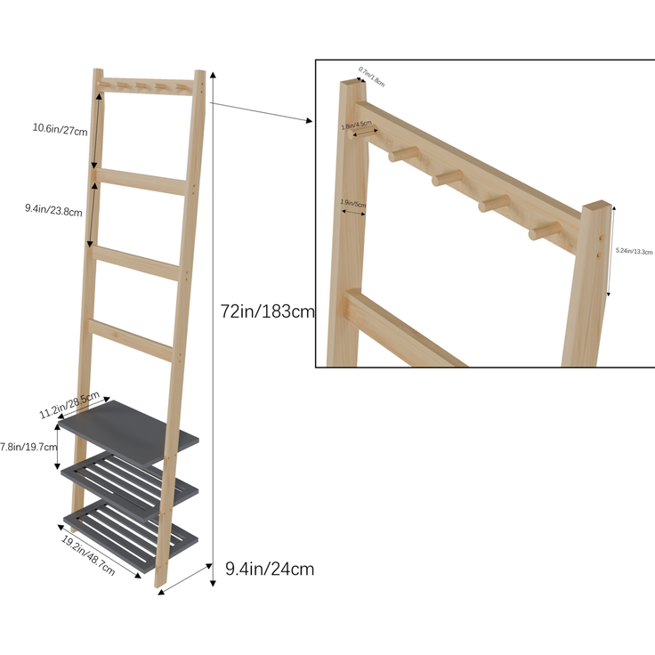 Handtuchleiter 52×28,5×183 cm aus Bambus mit 3 Ablagen und Haken – freistehendes Badregal in Natur – Bild 5
