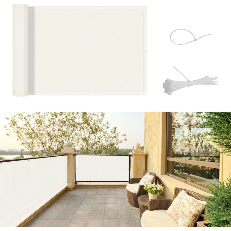 SUNNY GUARD Balkon Sichtschutz Wetterfest 90x600cm Balkonverkleidung Balkonabdeckung Balkonumspannung UV-Schutz Windschutz mit Kabelbinder,Creme