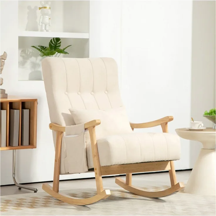 HOMCOM Schaukelstuhl weicher gepolsterter Schaukelsessel mit Lendenkissen, Leinenoptik (Relaxsessel, 1 St), für Wohnzimmer, Schlafzimmer, Beige