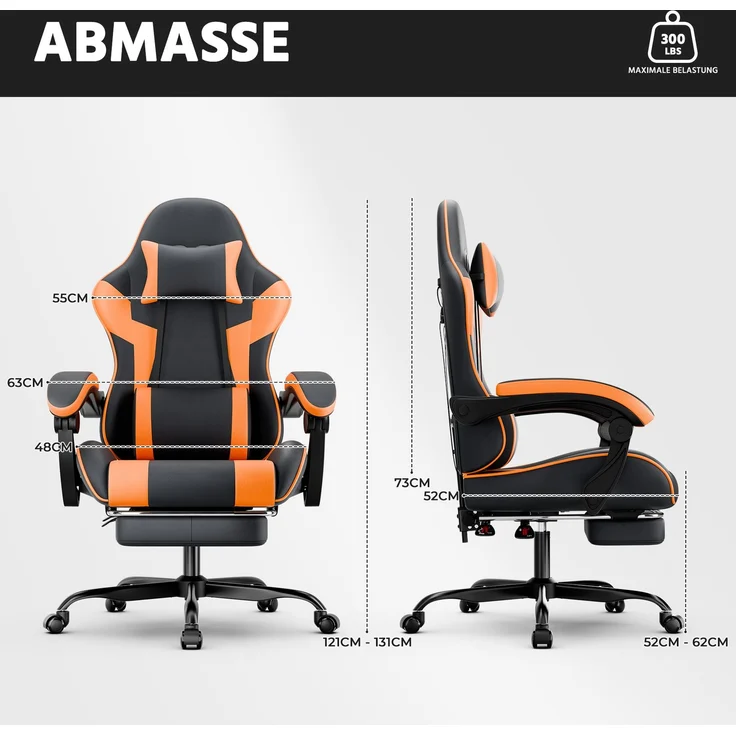 Gaming-Stuhl, PVC-Leder, ergonomisch, mit verstellbarer Rückenlehne & Fußstütze, 58,5x63x120,5 cm, Schwarz+Orange – Bild 2