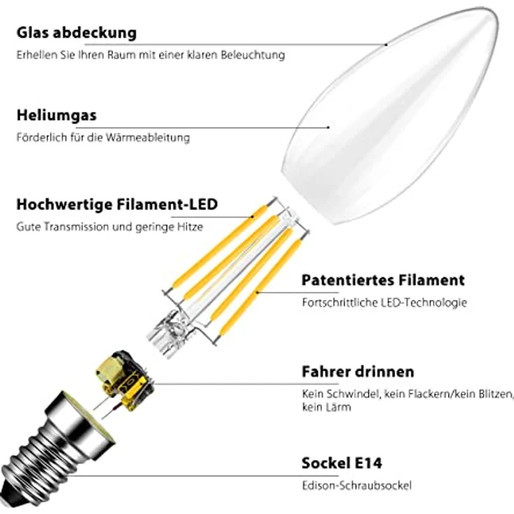 LVWIT E14 Kerze LED Lampe 6W 806 Lumen für Kronleuchter, E14 Glühfaden Retrofit Classic Glühbirne, ersetzt 60W, 2700K Warmweiß, Filament Fadenlampe, Glas, nicht dimmbar (6er Pack) – Bild 5
