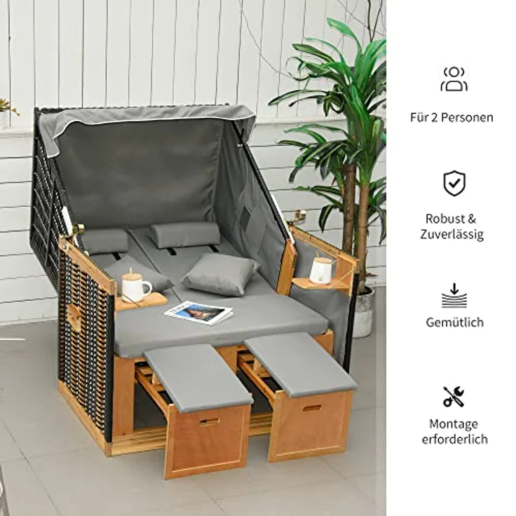 Outsunny Strandkorb mit Klapptisch, Volllieger Gartenliege aus PE Rattan, verstellbare Rückenlehne, hellgrau – Bild 7