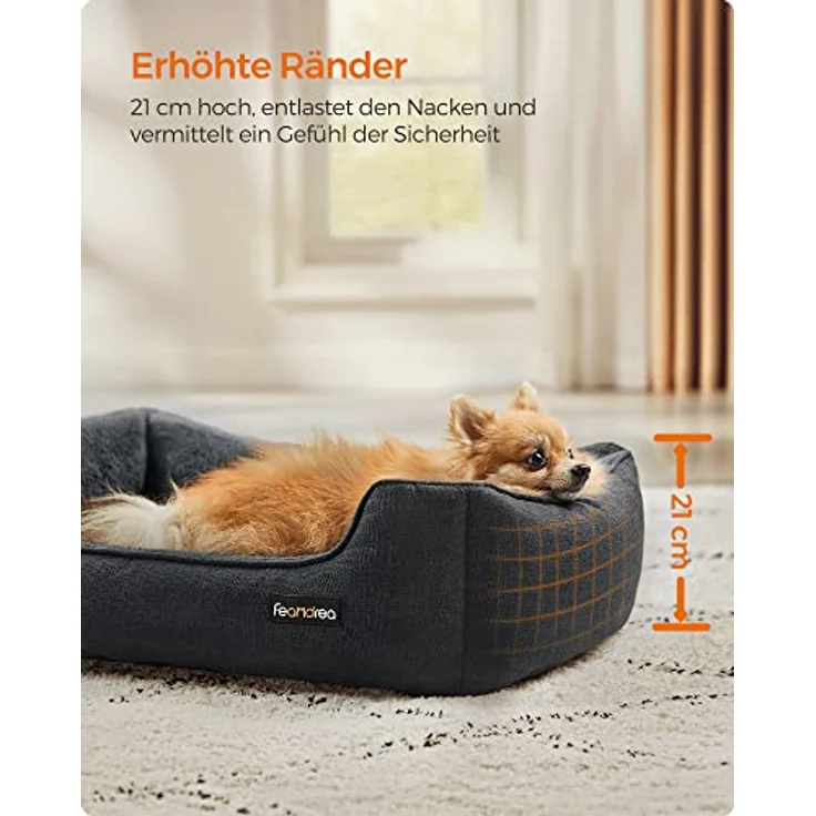 Feandrea Hundebett, Hundekissen in Leinenoptik, Hundekorb, erhöhte Ränder, rutschfeste Unterseite, Bezug abnehmbar waschbar, M, für kleine Hunde, 70 x 55 x 21 cm, dunkelgrau PGW010G01 – Bild 4