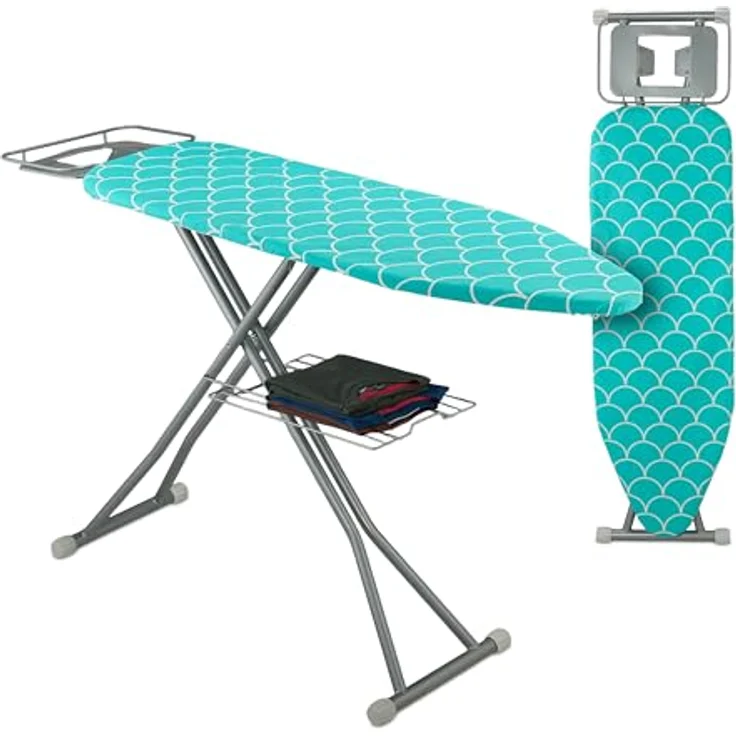 Relaxdays Bügelbrett für Dampfbügeleisen, 122 x 39,5 cm, höhenverstellbar in Türkis/Silber, klappbar mit Ablage – Bild 1