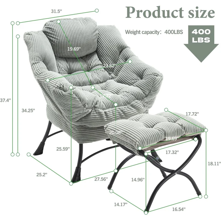LVHOM Relaxsessel mit Hocker, Loungesessel mit Seitentasche, Lesesessel aus Cordstoff, bequem gepolstert, Metallgestell, bis 180kg belastbar, Hellgrün – Bild 6
