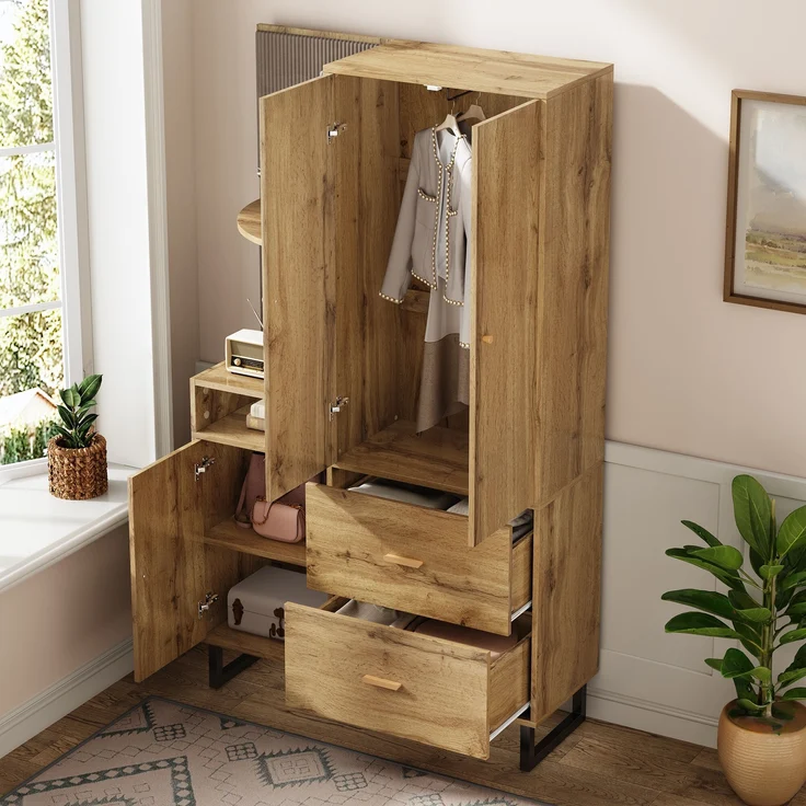 Kompaktgarderobe aus MDF mit Soft-Close & Schubladen, 110x38x186 cm, Natur/Schwarz – Bild 7