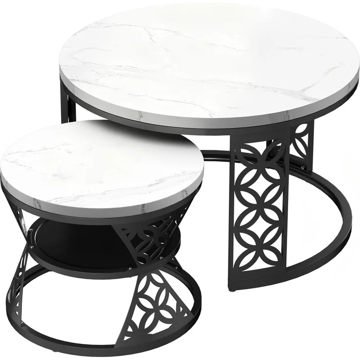 2er-Set Couchtisch nestbar 70x70x45 + 45x45x37 cm, Marmor-Furnier, Metallrahmen, Kontrastdesign – Bild 9