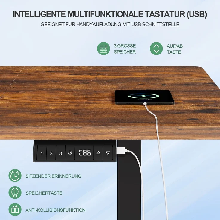JUMMICO Schreibtisch elektrisch höhenverstellbar mit Kabelwanne & USB-Buchse, Vintage-Braun, 160x80 cm – Bild 3