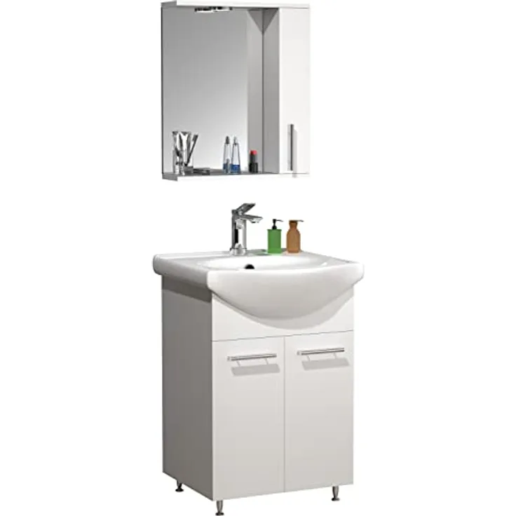 VCM Badmöbelset "Lisalo", 3-tlg. Waschplatz mit Keramik-Waschtisch, Spiegelschrank und 2 Drehtüren, weiß