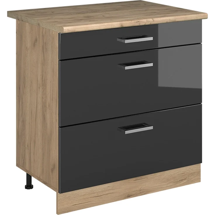 Küchenunterschrank R-Line Anthrazit Hochglanz/Goldkraft Eiche 80 cm mit 3 Schubladen Arbeitsplatte Goldkraft Eiche Vicco – Bild 1
