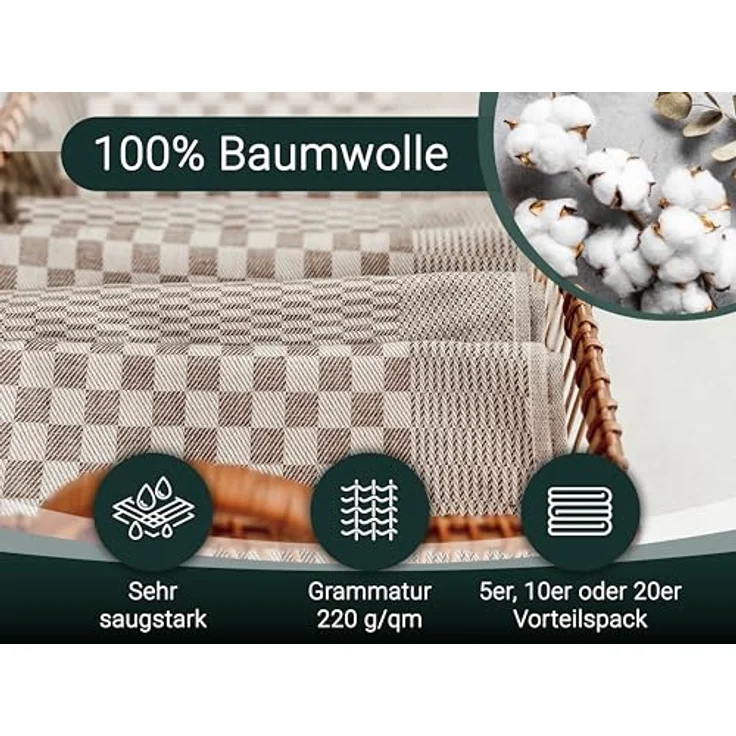 ZOLLNER 20er Set Geschirrtücher Baumwolle in 46x70 cm - super saugstarke und robuste Küchentücher – waschbar bis 60°C – in braun kariert - Gastronomiequalität - Oeko Tex® Zertifiziert – Bild 3