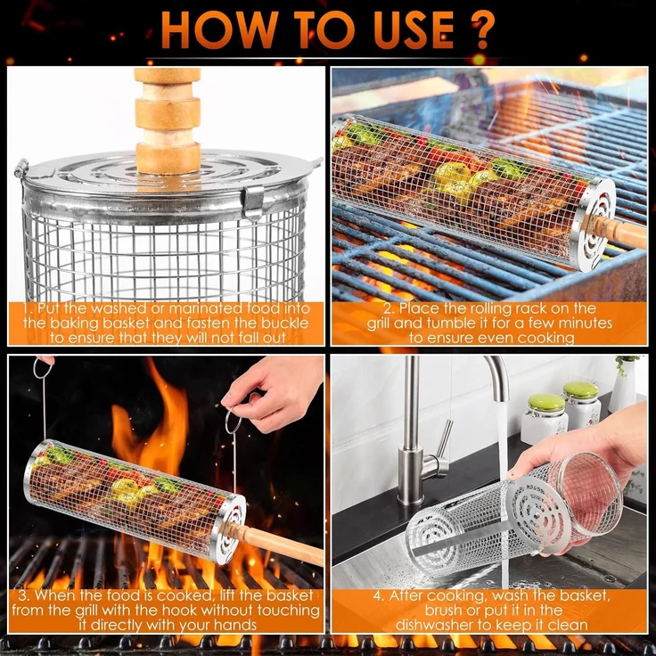2er-Pack Grillkörbe mit Holzgriff, rund, Edelstahl, für Outdoor & Camping (45 cm) – Bild 6