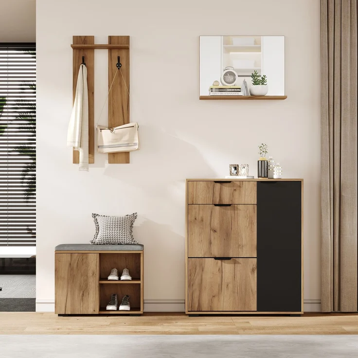 Wohnora-Flur-Garderoben-Set, Wandgarderobe; Garderoben-Set mit Schuhbank und Schuhschrank, 1 Spiegel, 1 Schublade, 2 Haken, 4 Türen, naturfarben und black, B140× T35 × H139 cm,H 139cm x T 140cm x B 35cm,Natürlich – Bild 2