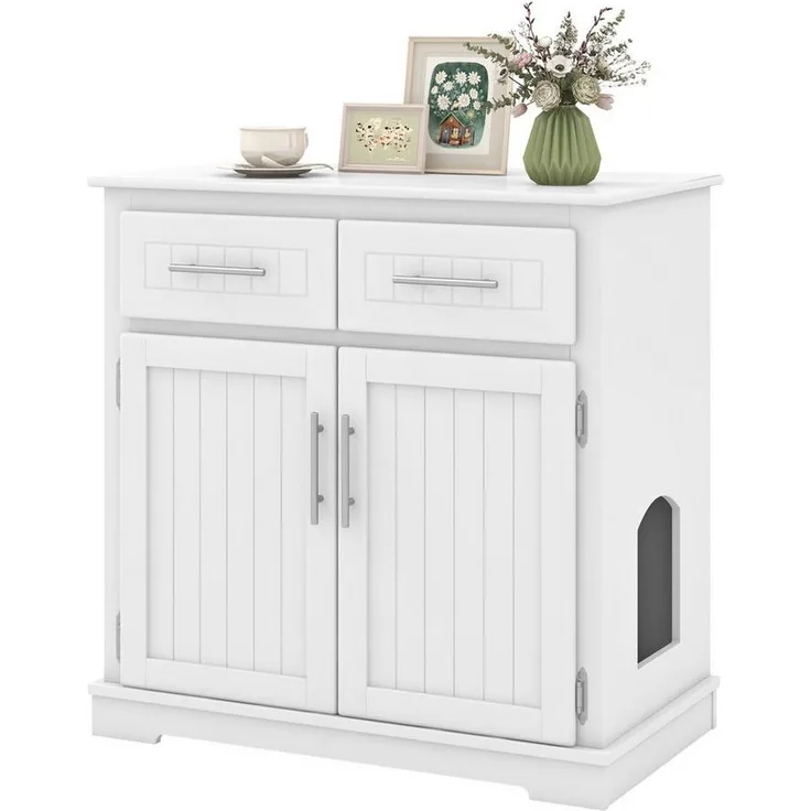 KOMFOTTEU Katzentoilette, 3 in 1 Katzenschrank, mit 2 Schubladen, Doppeltüren & Seiteneingang