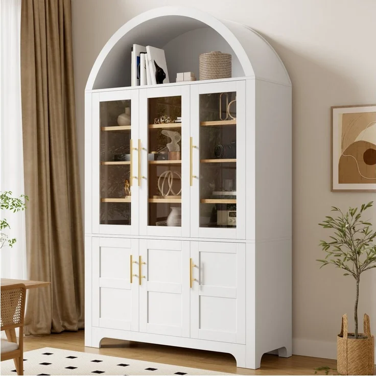 Merax Hochschrank mit 3 Glastüren, 3 geschlossenen Fächern & verstellbaren Einlegeböden (110 L x 40 B x 185 H cm, 1-St) Vitrinenschrank mit Bogen-Nische, Mehrzweckschrank, Wohnzimmerschrank – Bild 1