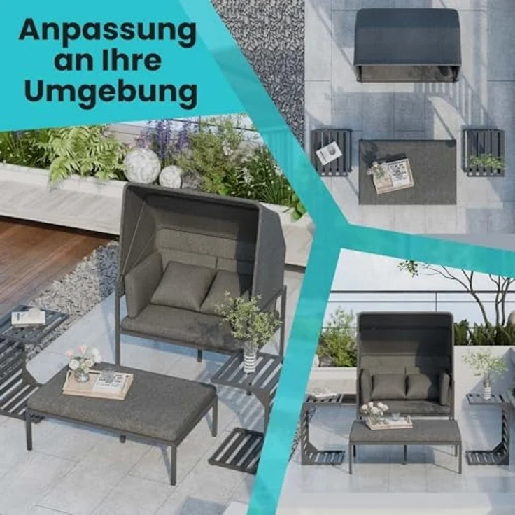 Melko Gartenlounge-Set Sonneninsel inkl. Sonnendach Strandkorb Sonnenliege Aluminium Grau, (wetterfest, resistent gegen Regen, Salzwasser und intensive Sonneneinstrahlung, inkl. 2 extra dicke und weiche Kissen inkl. Reißverschluss), 2 Beistelltischen u... – Bild 3