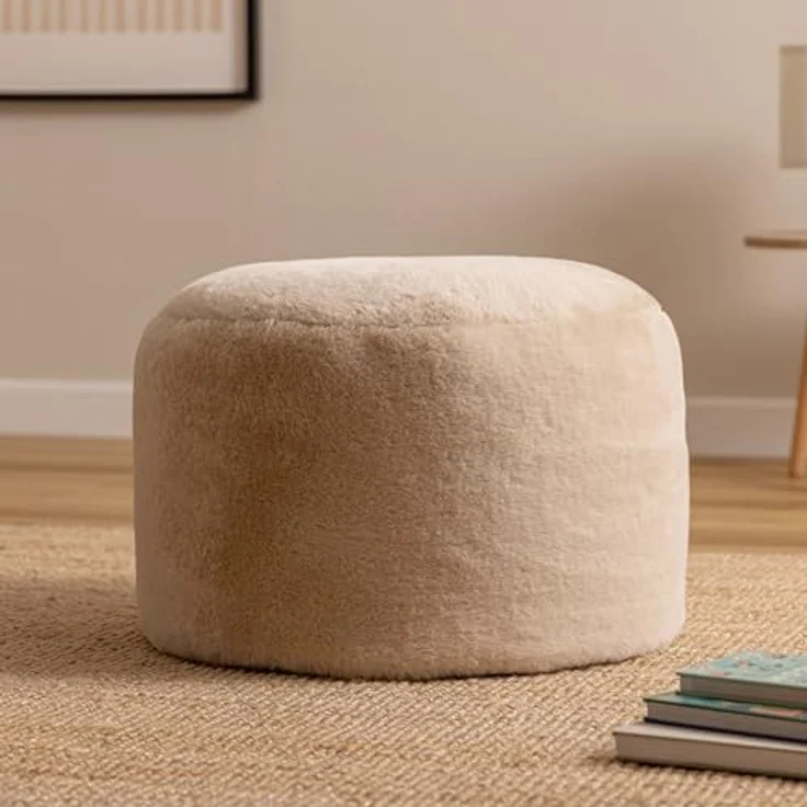 Icon Milano Hocker, Beige, Kaninchen Kunstfell Stoff, Sitzsack Stuhl, Sitzpuff Hocker mit Füllung, Fußhocker für das Wohnzimmer, Deko Wohnzimmer – Bild 3