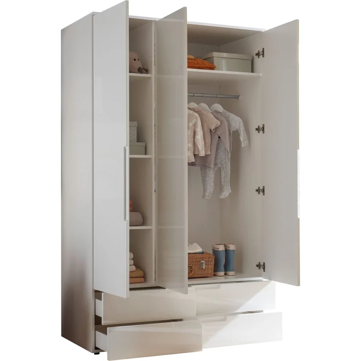 Kleiderschrank >Spice< 3 Türen, 4 Schübe, in Weiß / Weiß Hochglanz - 126x208x57 (BxHxT) – Bild 4