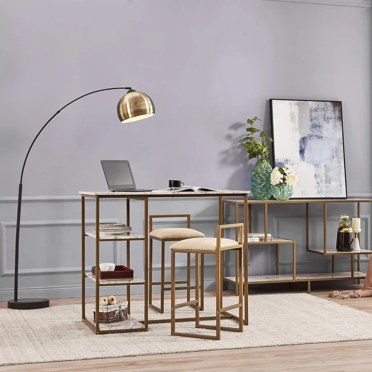 Teamson Home Marmo 3-Stücke Frühstücks-Ess-Set, Bartisch und 2 Gepolsterte Hocker mit Stauraum, Tischplatte aus Weißem Marmor und Beine in Gold-Messing-Finish – Bild 9