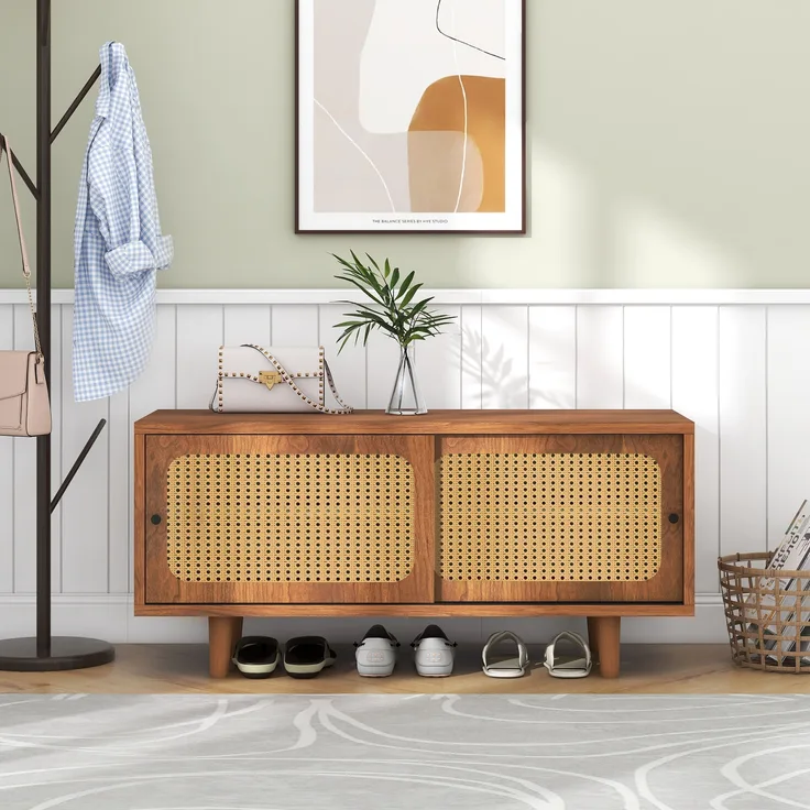 Schuhschrank, Rattan-Design, mit 2 Türen & verstellbaren Böden, 104x40x48 cm, Walnuss