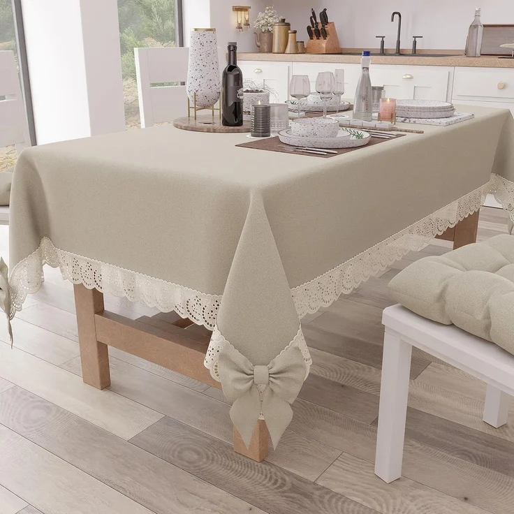 Petti Artigiani Italiani - Tischdecke, Tischdecke, rechteckige Küchentischdecke mit Sangallo-Spitze und Schleifen, Tischdecke einfarbig aus Baumwolle, X6-Sitzer (140x180 cm) Beige