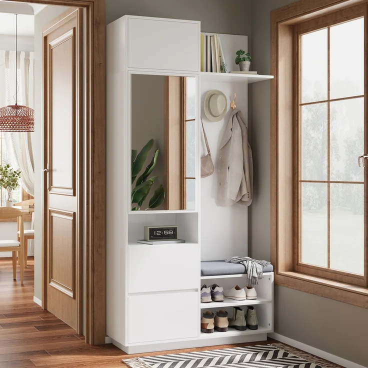 Kompaktgarderobe mit Spiegel und Sitzbank,Flurgarderobe mit Schuhschrank und Haken, Kleiderhaken,Kompaktgarderobe,Flurmöbel Set,Flurgarderobe – Bild 7