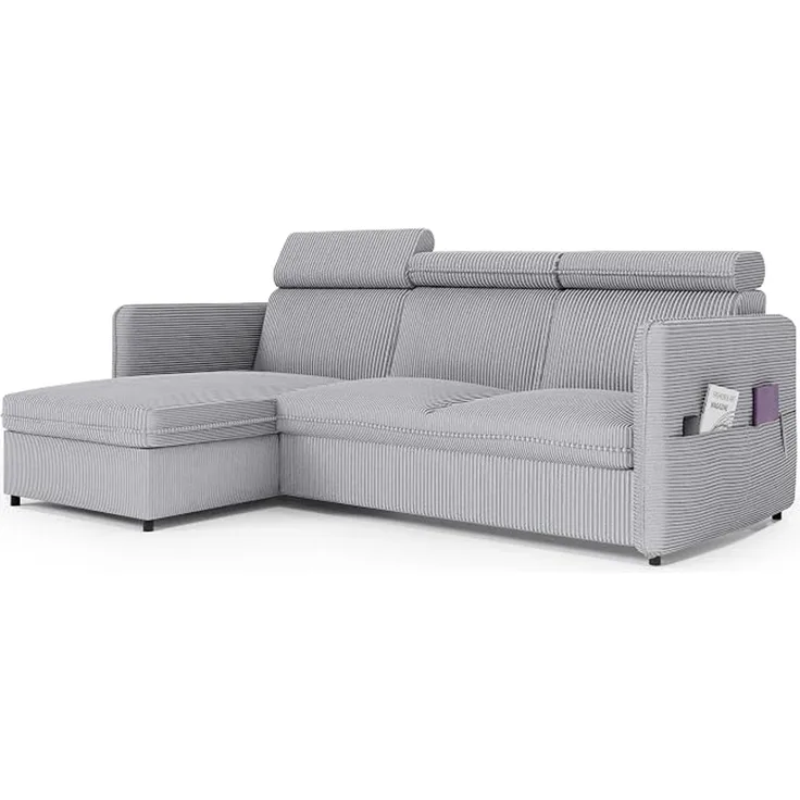 Graues Eckschlafsofa (220 x 160 cm) mit Bettkasten, Schlaffunktion und verstellbaren Kopfstützen