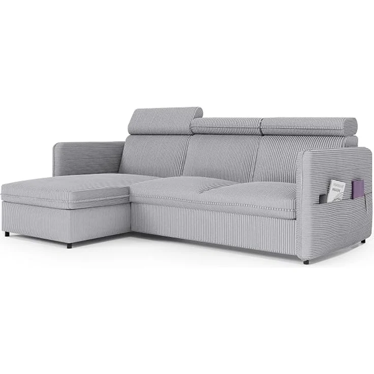 Graues Eckschlafsofa (220 x 160 cm) mit Bettkasten, Schlaffunktion und verstellbaren Kopfstützen – Bild 1