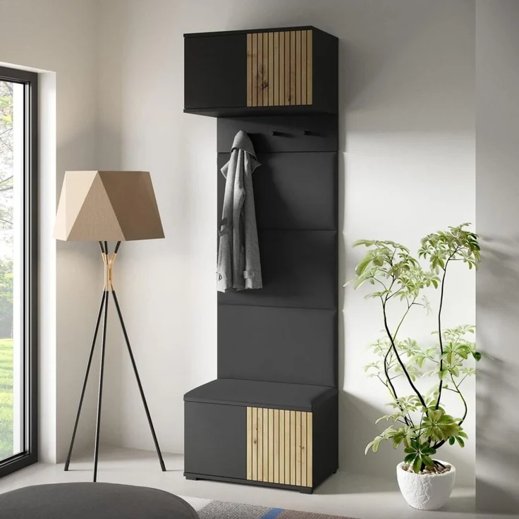 Garderoben-Set Rosario Version 5 mit Lamellen, mit Polsterplatten und Schuhschrank (Schwarz / Eiche Artisan, Trinity 16), 225 x 40 x 70 cm – Bild 6