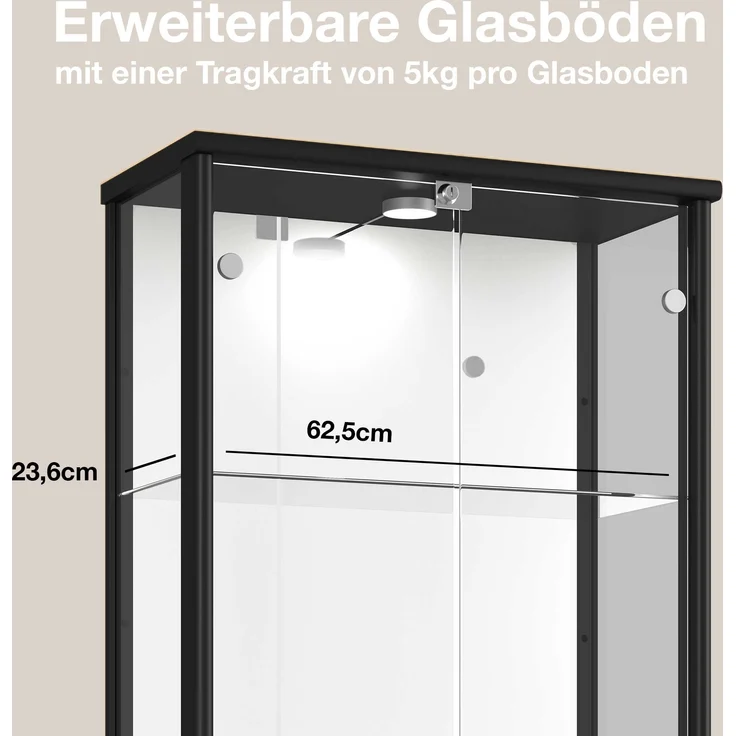 K-Mbel Glas Vitrinenschrank 2-trig (176x67x33cm) - Made in Germany - Standvitrine Schwarz mit 4 hhenverstellbaren Glasbden, Spiegel, Schloss & LED - Glasvitrine Stehend - Sammler – Bild 5