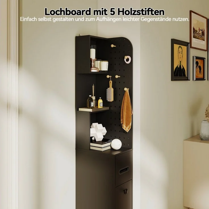 Puluomis Badkommode Badezimmerschrank mit Schubladen, Lochwand, Hochschrank schmal, 35 x 24 x 165 cm, Aufbewahrungsschrank für Bad, Küche – Bild 3