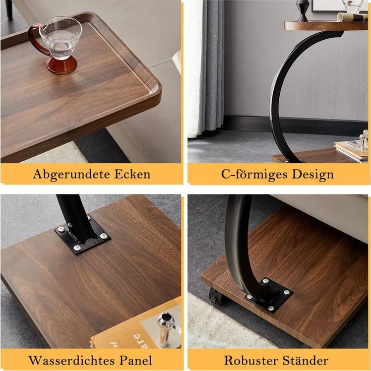 TUWENA Beistelltisch Beistelltisch C Form, Couchtisch Kleiner, Sofatisch mit Rollen 360°, Beweglich Couchtisch Betttisch für Couch Wohnzimmer und Schlafzimmer – Bild 3