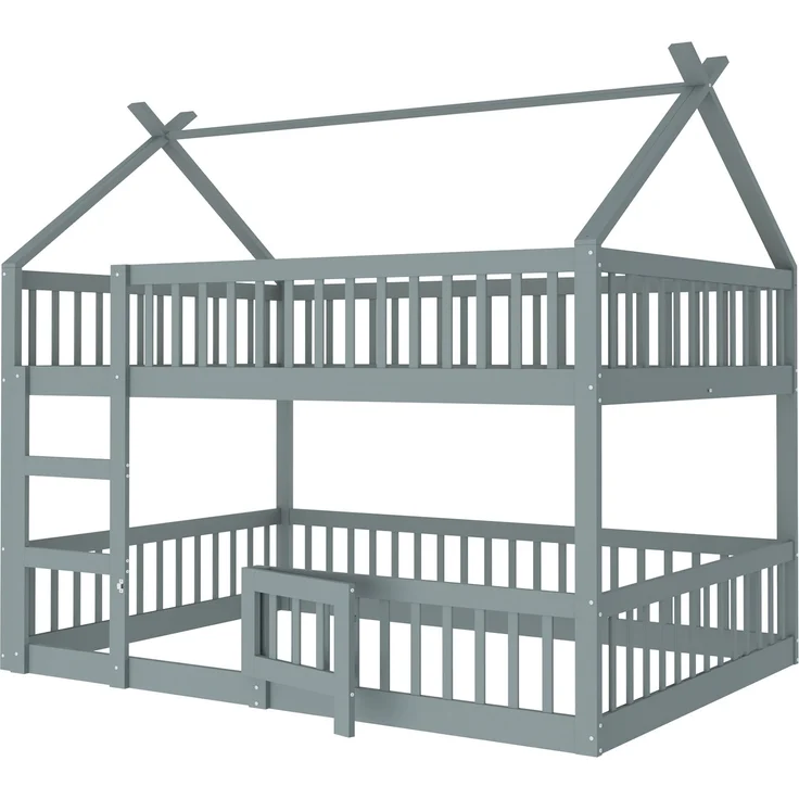 Etagenbett 140x200 cm mit Treppe und Tür – Massivholz Hoch-/Familienbett, Grau – Bild 3