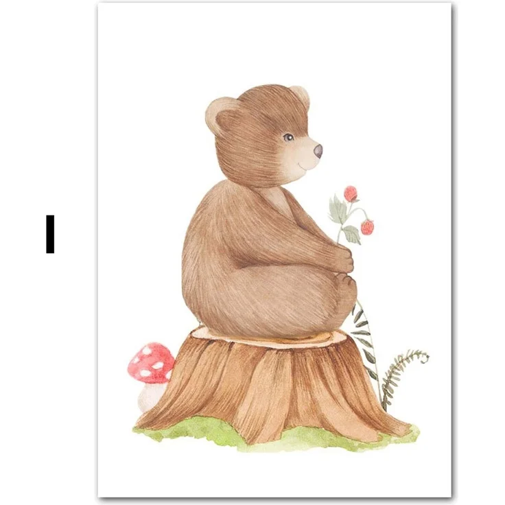 Poster Kinder süße Tiere im Boho Stil Bär Eichhörnchen Schnecke Pilzhaus und Blumen als Deko Print ohne Rahmen - I / 40 x 60 cm