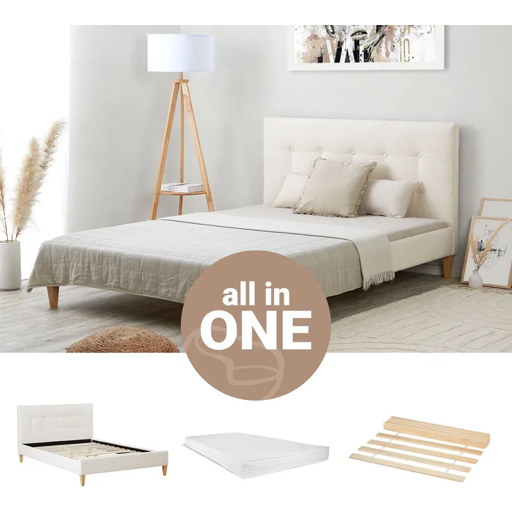 Polsterbett 140x200 cm mit Matratze Beige Bouclé Doppelbett Bett Bettgestell Lattenrost Stoffbett