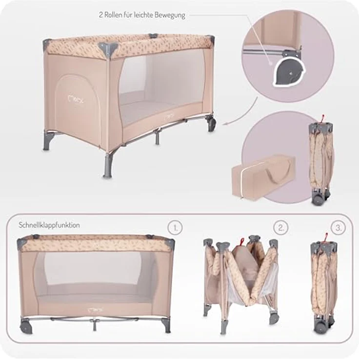 Momi BELOVE Reisebett für Kinder bis 15 kg Körpergewicht, B65 x L125 x H78 cm (faltbar 21 x 23 x 80 cm), Kinderreisebett mit Matratze, 2 Rädern, Transporttasche – Bild 6