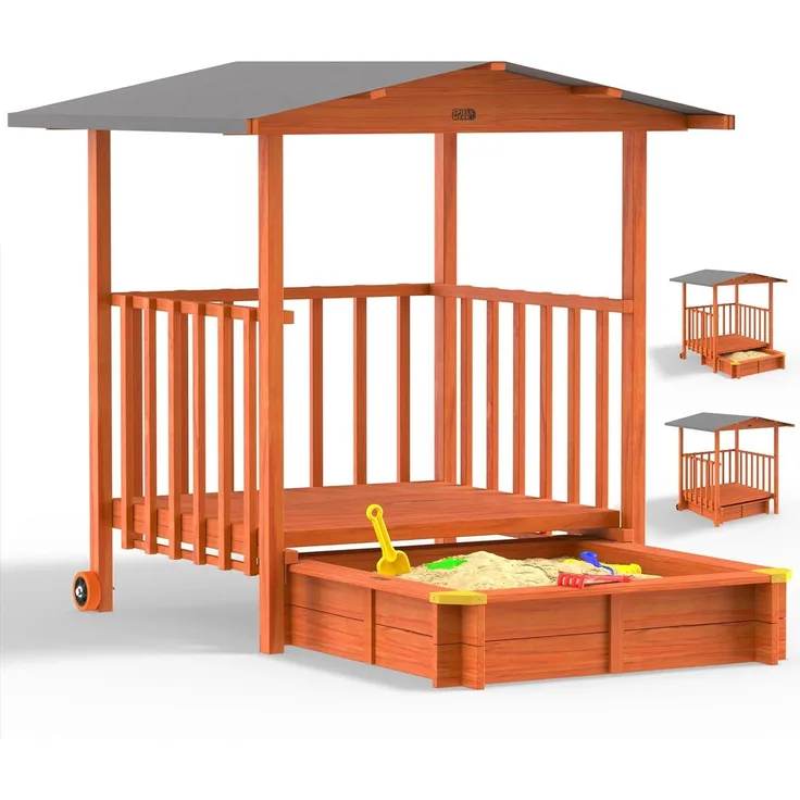 Spielwerk Sandkasten 'Merle' mit Dach und Veranda, Fichtenholz braun, 130 x 225 x 143 cm